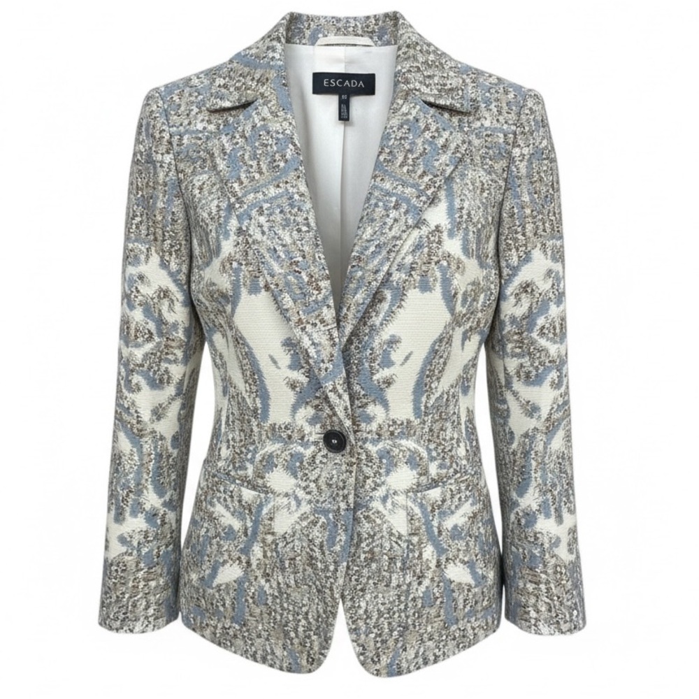Escada Blue & Ivory Brocade One-Button Tailored Blazer 34 (U.S. 4)